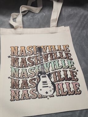 Nashville Guitar Print Canvas Tote - Multicolor Text. 13x15